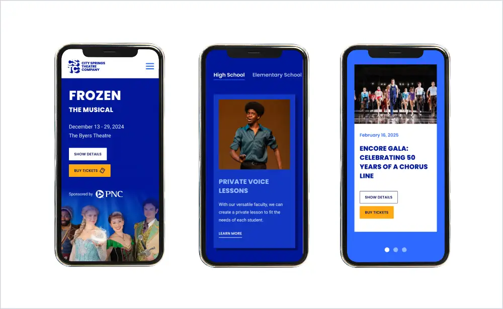 Mobile mockups of the City Springs website