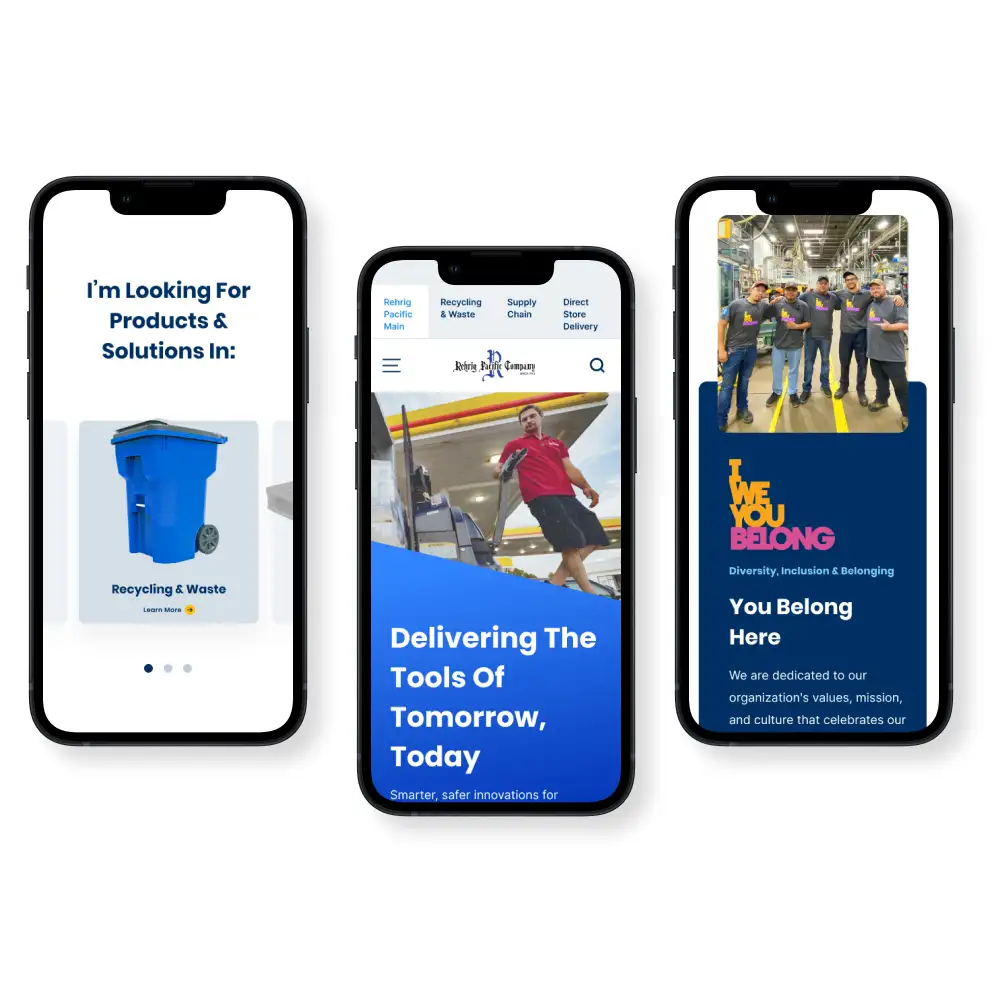 Three iPhones in a row displaying Rehrig website screens