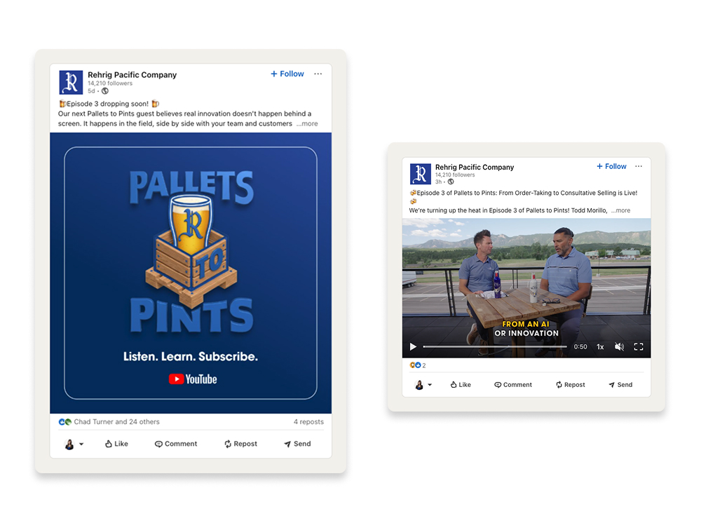 Screenshots of Rehrig's LinkedIn social posts for Pallets to Pints