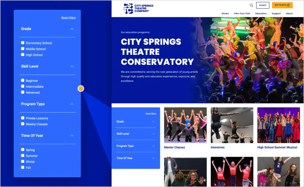 City Springs education webpage with filters