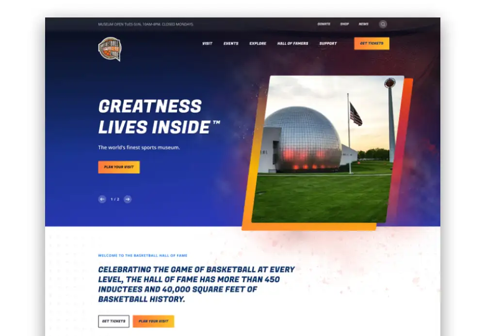Close up of the Basketball Hall of Fame home page hero section