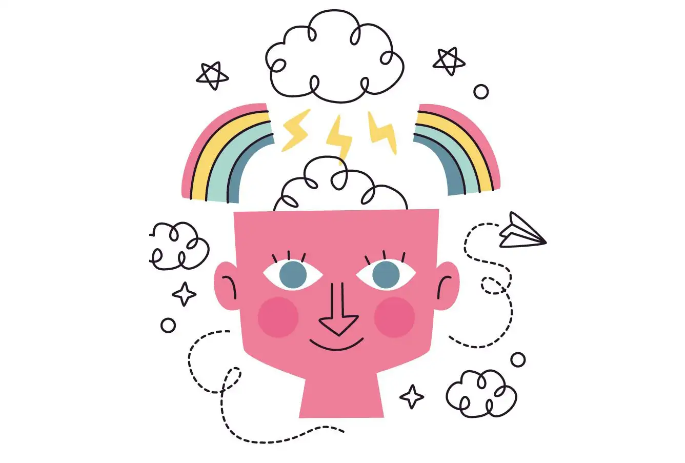 Illustration of a persons head with sparks and a rainbow coming out of it
