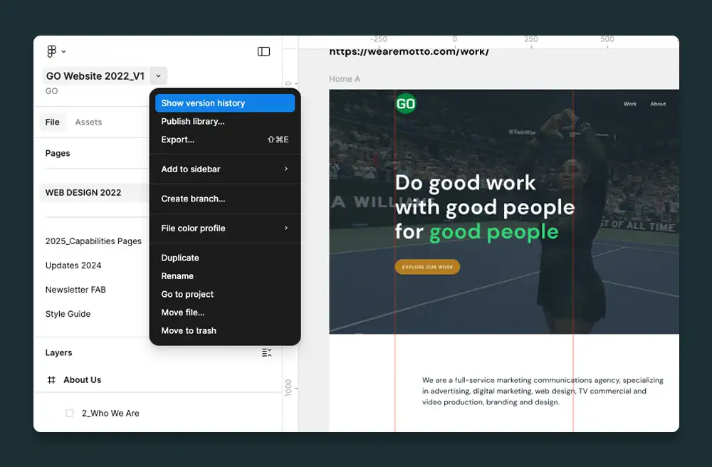 A view of Figma version history menus