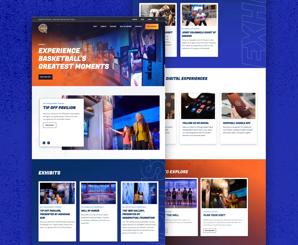 Close up view of the Basketball Hall of Fame Exhibits page on their new website