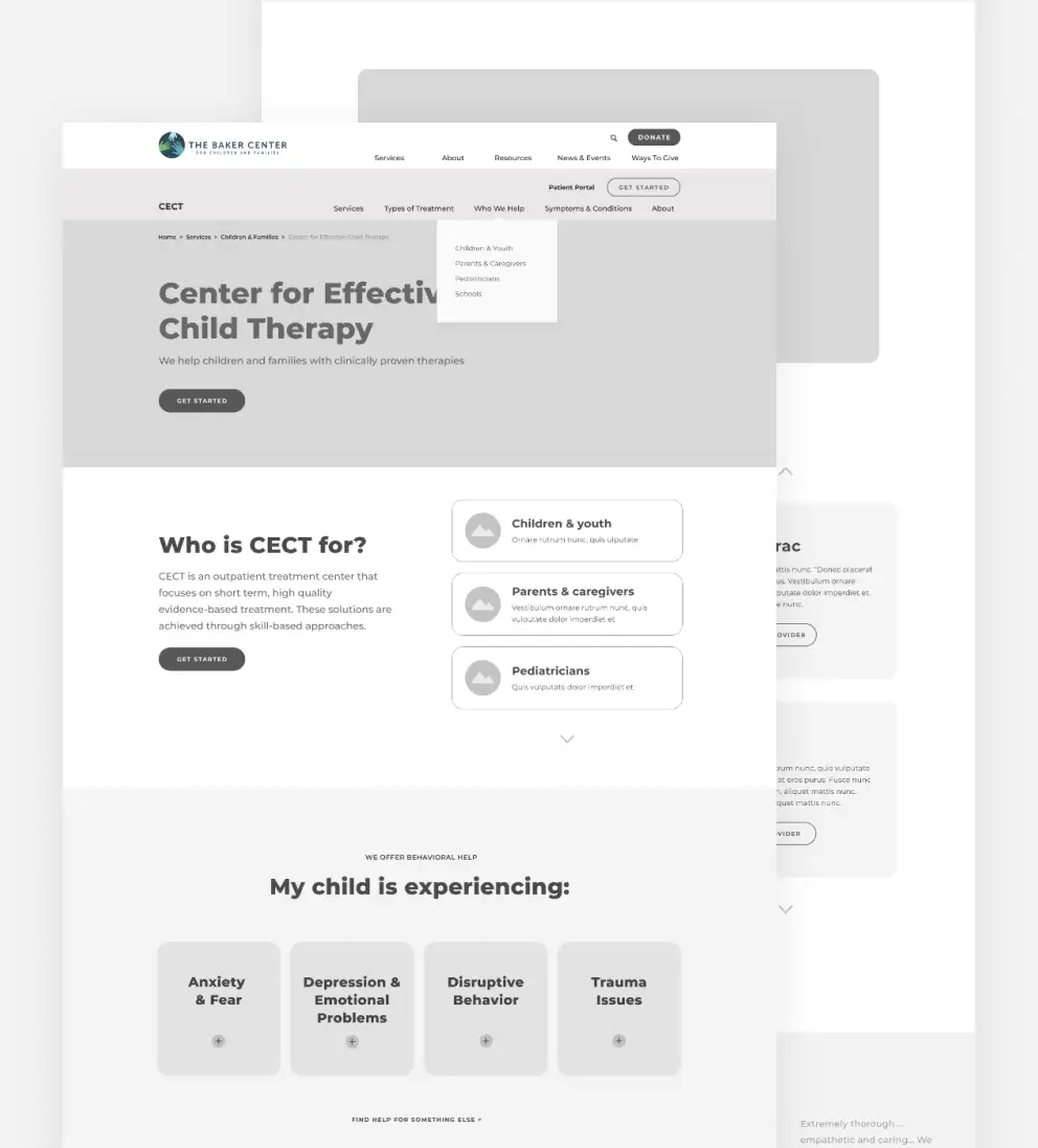 Baker Center website grayscale wireframes