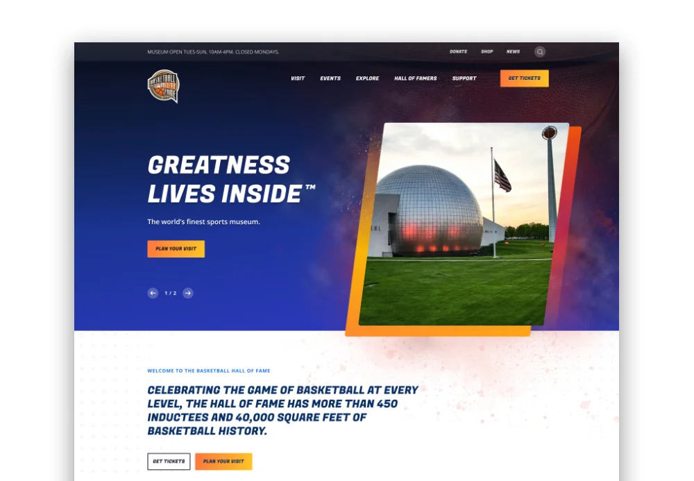 Close up of the Basketball Hall of Fame home page hero section