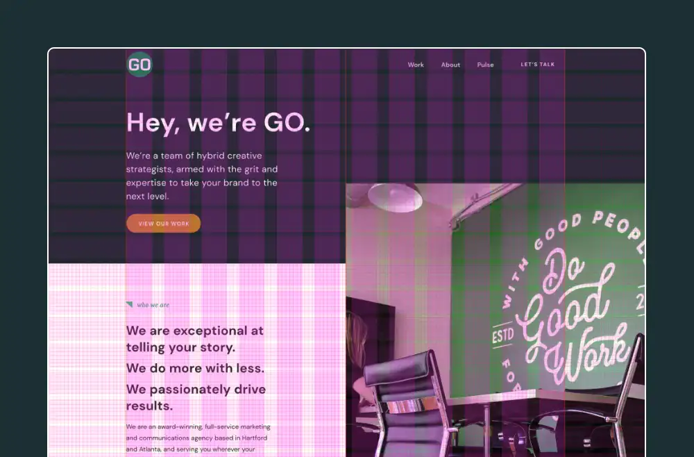 The design of a web page with a red grid over it