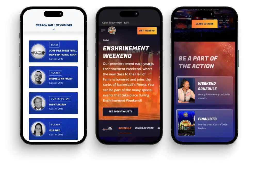 Basketball Hall of Fame website mocked up on 3 mobile screens