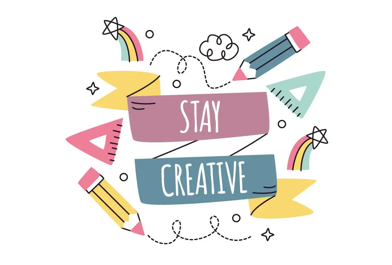 Stay creative illustration with pencils ribbons and doodles